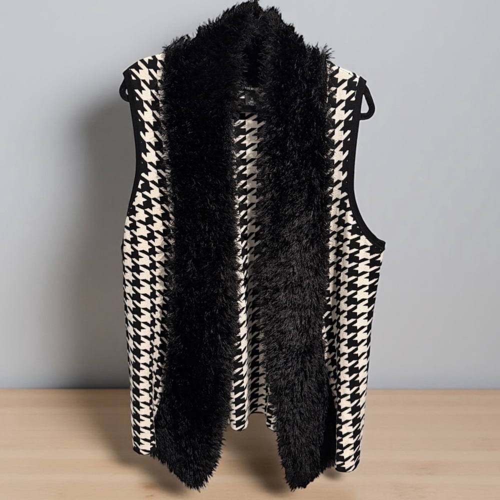 Lauren Michelle Houndstooth Sweater Vest Fluffy Faux Fur Collar XL